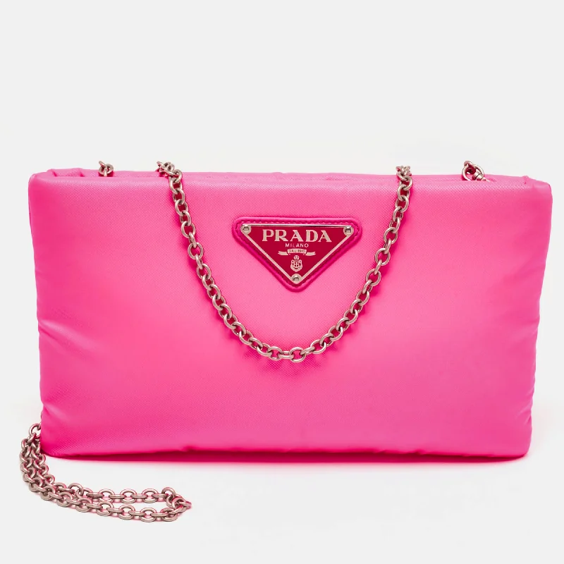 Handle bags with sturdy leather grip accents -Prada Neon Pink Soft Nylon Chain Pochette