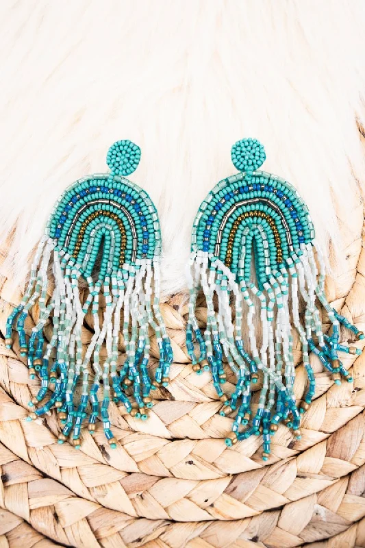 Drop Earrings for Christmas Party -SALE! Reach For The Sky Turquoise Seed Bead Fringe Earrings