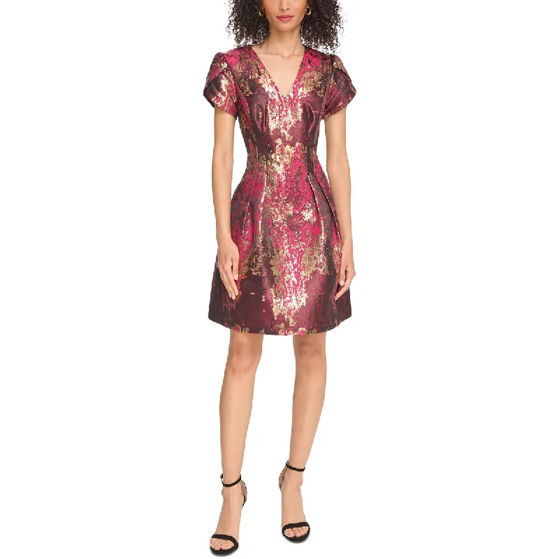 Rhinestone Dresses for Bling -Vince Camuto Womens Petites Jacquard Short Sleeves Fit & Flare Dress