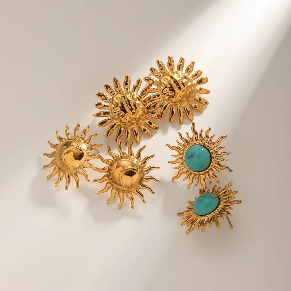 Vintage Drop Earrings with Patina -Gold Plated Turquoise Inlay Sunflower Dangle Earrings