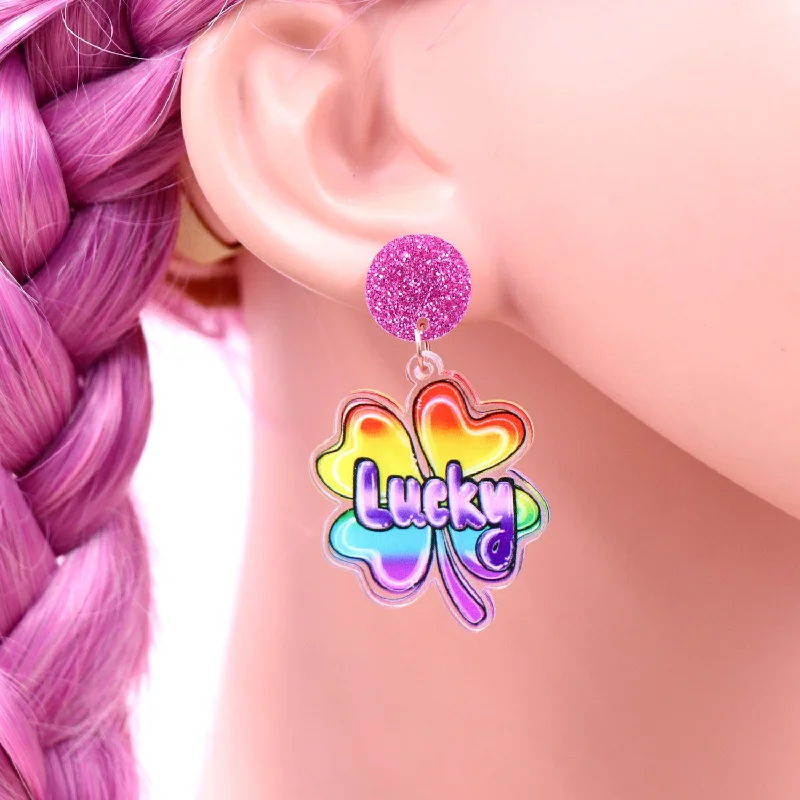 Maximalist Drop Earrings for Bling -Wholesale Patrick's Day Lucky Clover Gradient Acrylic Earrings