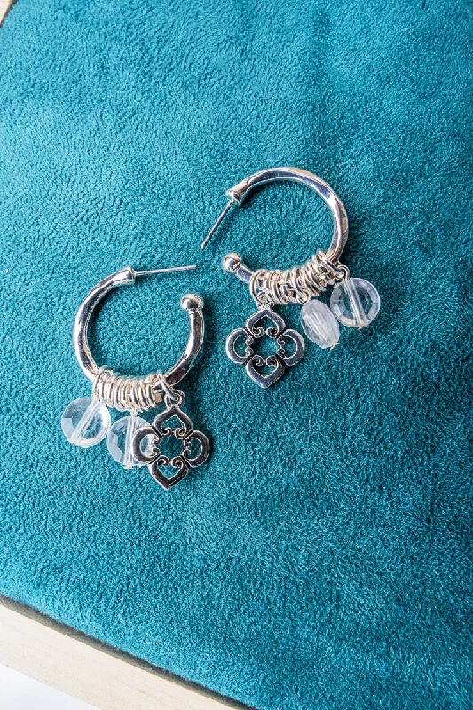 Drop Earrings with Vine Designs -SALE! Elise Beaded Quatrefoil Hoop Charm Earrings