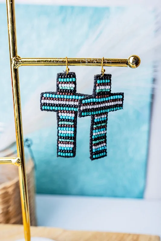 Drop Earrings for Beach Outfit -SALE! Turquoise Seed Bead Serape Cross Earrings