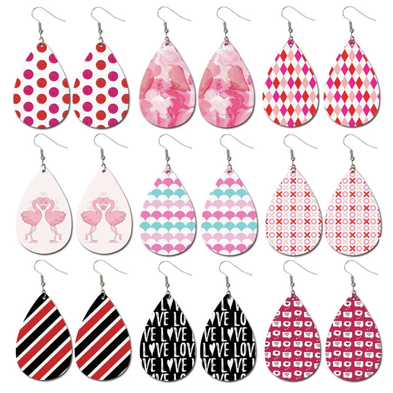 Animal Print Drop Earrings for Fun -Wholesale 3 Pairs/pack Valentine's Day Heart Shape LOVE Water Drop Leather Earrings