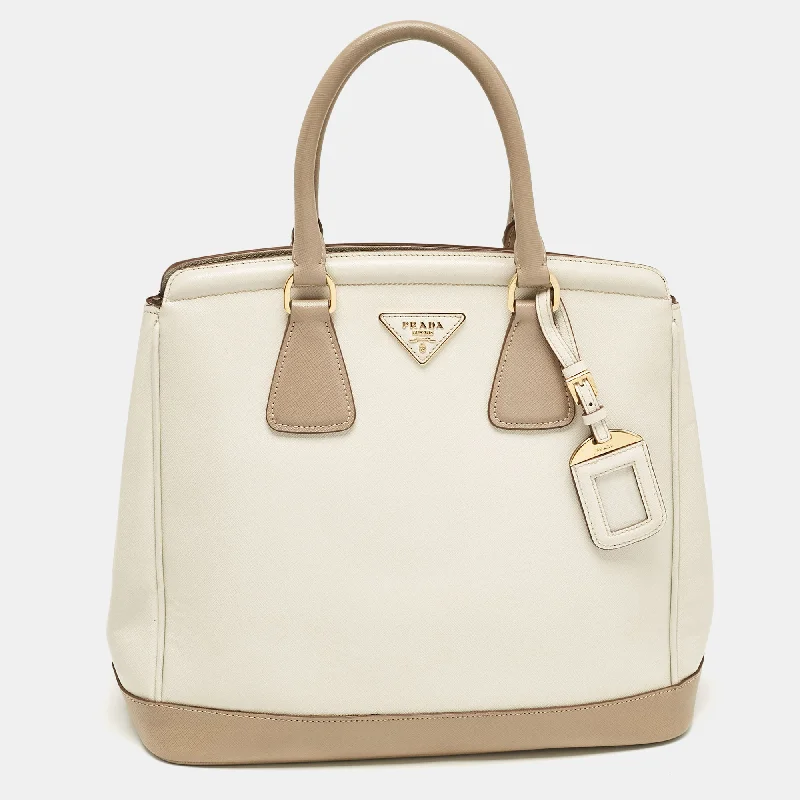 Handle bags with bold text for statements -Prada White/khaki Saffiano Leather Parabole Tote