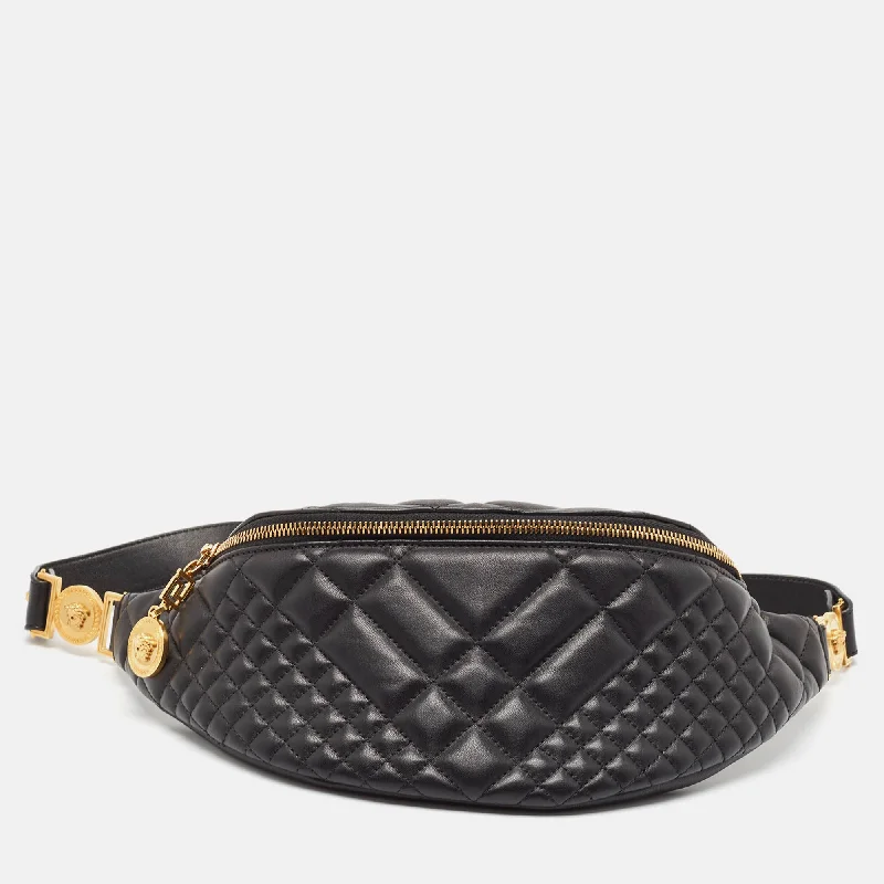 Handle bags with lightweight fabric for ease -Versace Black Quilted Leather Medusa Belt Bag