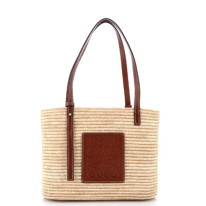 Handle bags with eco-friendly bamboo handles -Square Basket Tote Woven Raffia Small