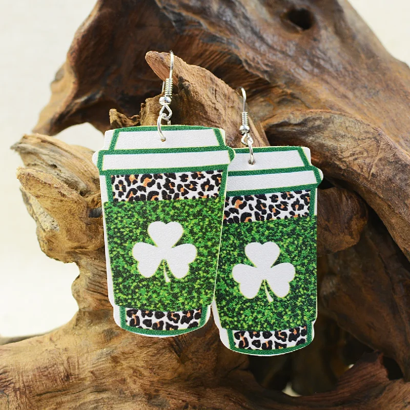 Adjustable Drop Earrings for Custom Fit -Wholesale St. Patrick's Day Coffee Cup Milk Tea Cup Shamrock Earrings