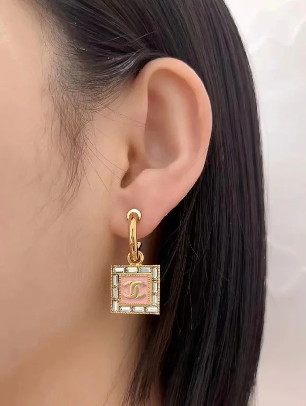 Drop Earrings for Anniversary -Pink and white square diamond double C earrings EHA219