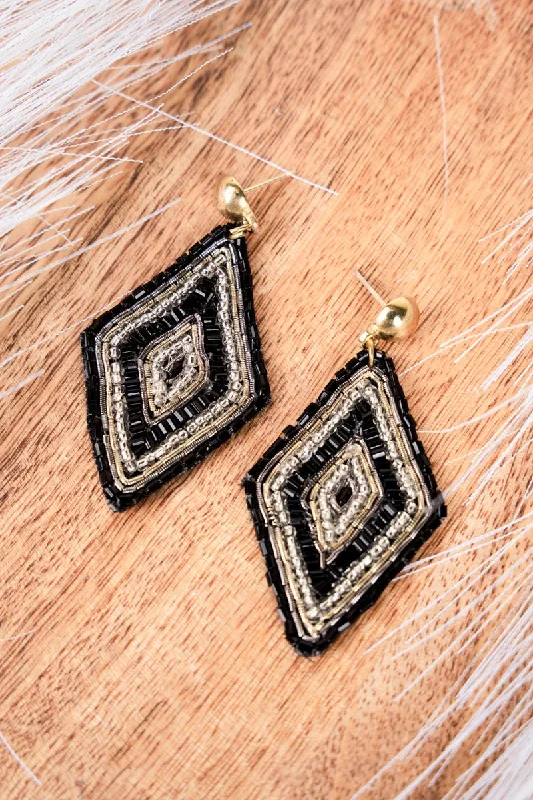 Drop Earrings for Graduation Day -SALE! DaKota Black Diamond Shape Seed Bead Earrings