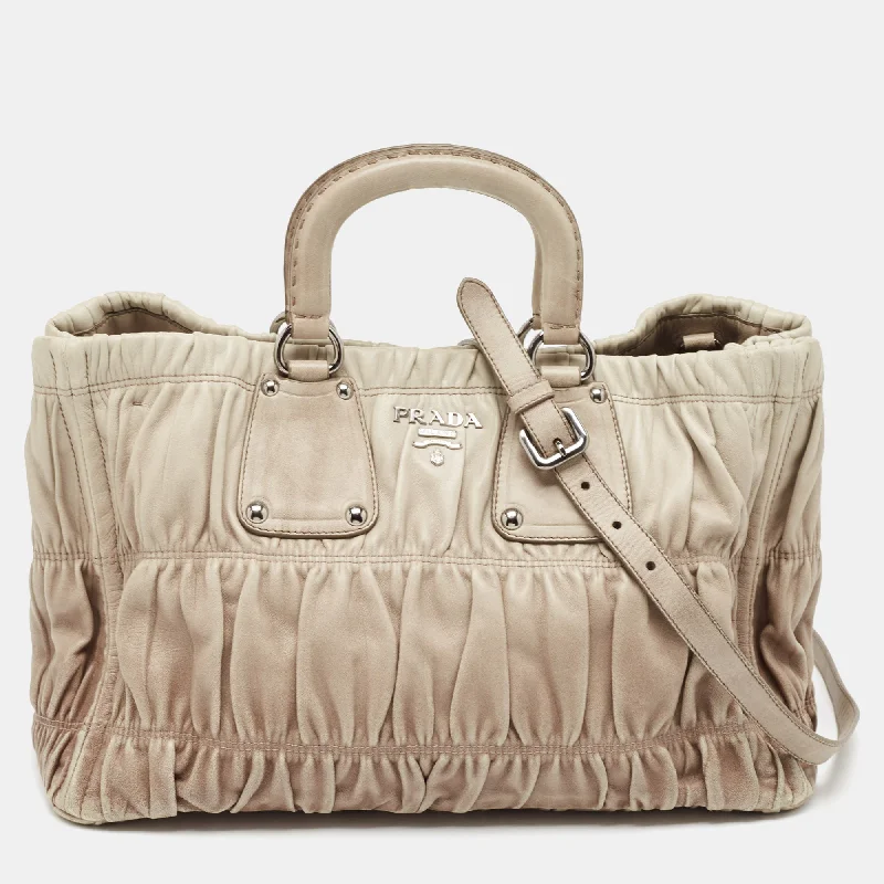 Handle bags with detachable pouches for versatility -Prada Light Grey Leather Gaufre Tote