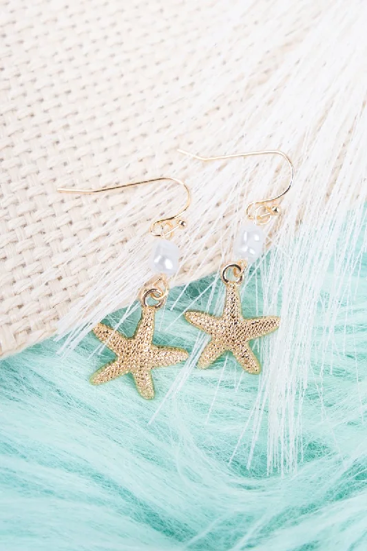 Crystal and Pearl Drop Earrings for Glamour -Crystal Avenue Pearl Starfish Goldtone Earrings