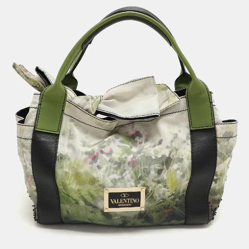 Handle bags with lightweight fabric for ease -Valentino Multicolor Printed Nylon And Leather Double Pocket Bow Tote