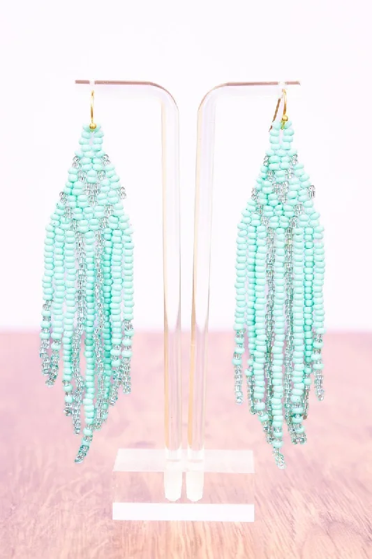 Drop Earrings for Beach Outfit -SALE! Fabulous Fringe Mint Seed Bead Fringe Earrings