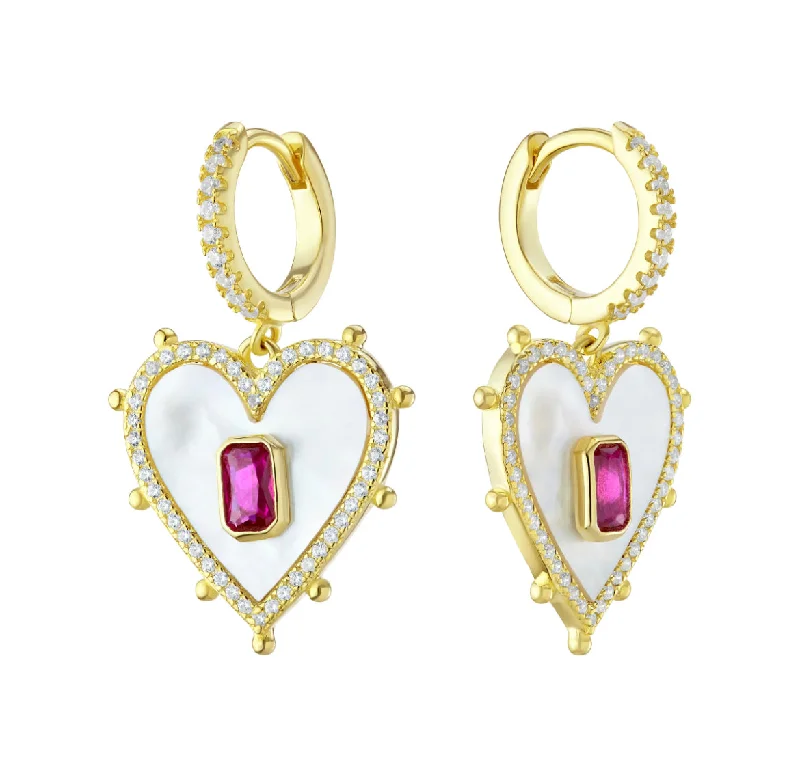 Heavy Duty Drop Earrings for Durability -Mother of Pearl Heart Huggies