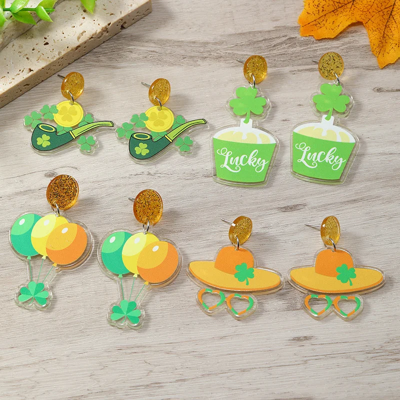 Drop Earrings for Work Attire -Wholesale St. Patrick's Day Acrylic Shamrock Hot Air Balloon Hat Cartoon Earrings