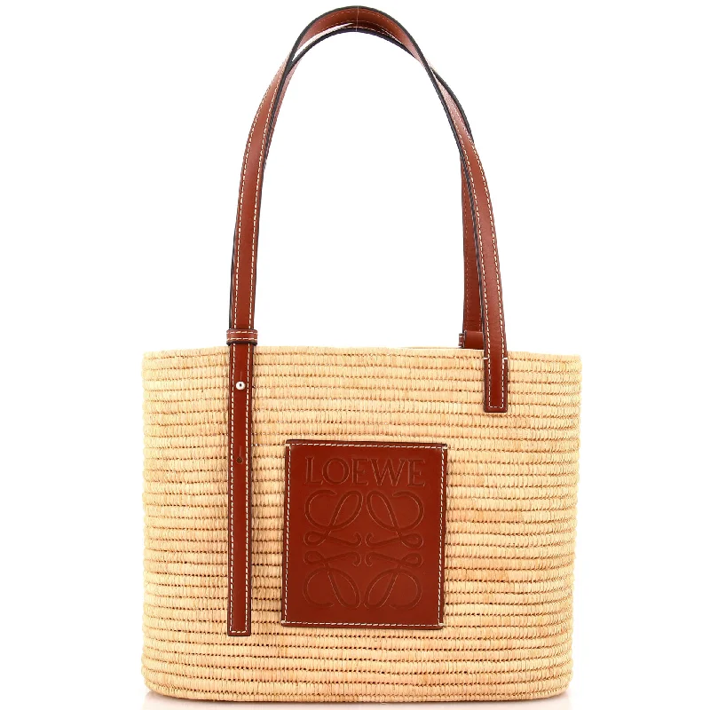 Handle bags with artistic prints for creativity -Square Basket Tote Woven Raffia Small