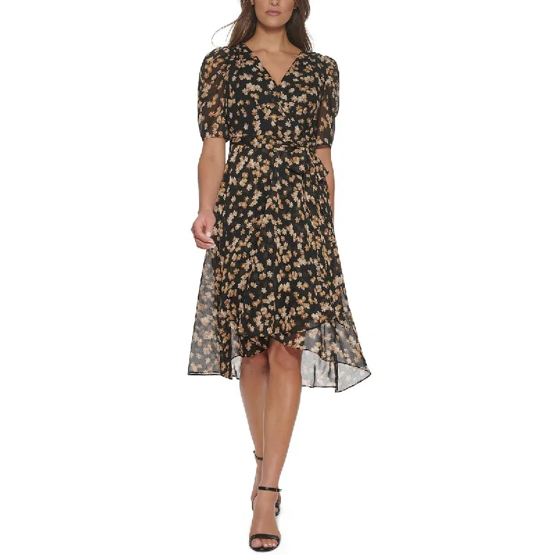 Printed Dresses with Patterns -Tommy Hilfiger Womens Petites Chiffon Puff Sleeve Midi Dress