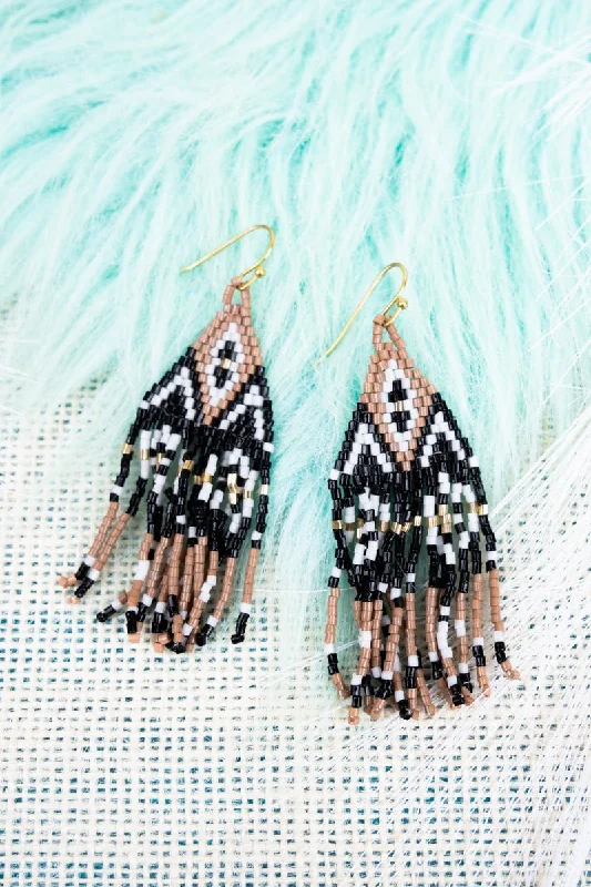 Oval Drop Earrings for Grace -SALE! Stony Creek Black Seed Bead Fringe Earrings