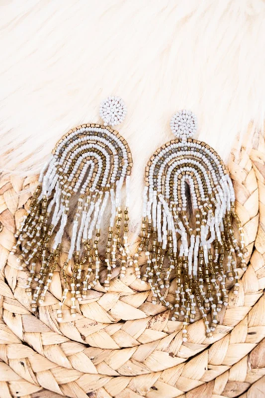 Drop Earrings for Valentine's Day -SALE! Reach For The Sky White Seed Bead Fringe Earrings