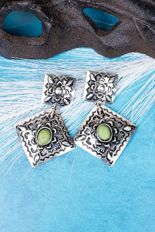 Nickel Free Drop Earrings for Safety -SALE! Maverick Green Silvertone Earrings