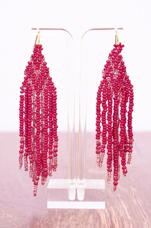 Drop Earrings for Festival Style -SALE! Fabulous Fringe Pink Seed Bead Fringe Earrings