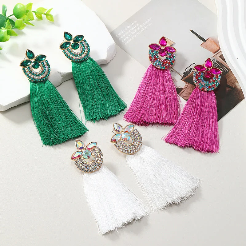 Drop Earrings with Matte Finish -Wholesale Alloy Diamond Inlaid Flower Long Ring Tassel Earrings