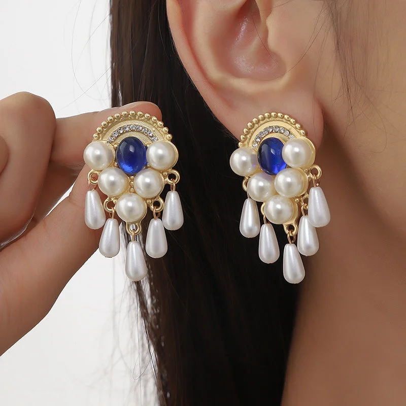 Drop Earrings with Filigree Work -Wholesale Alloy Imitation Pearl Tassel Earrings