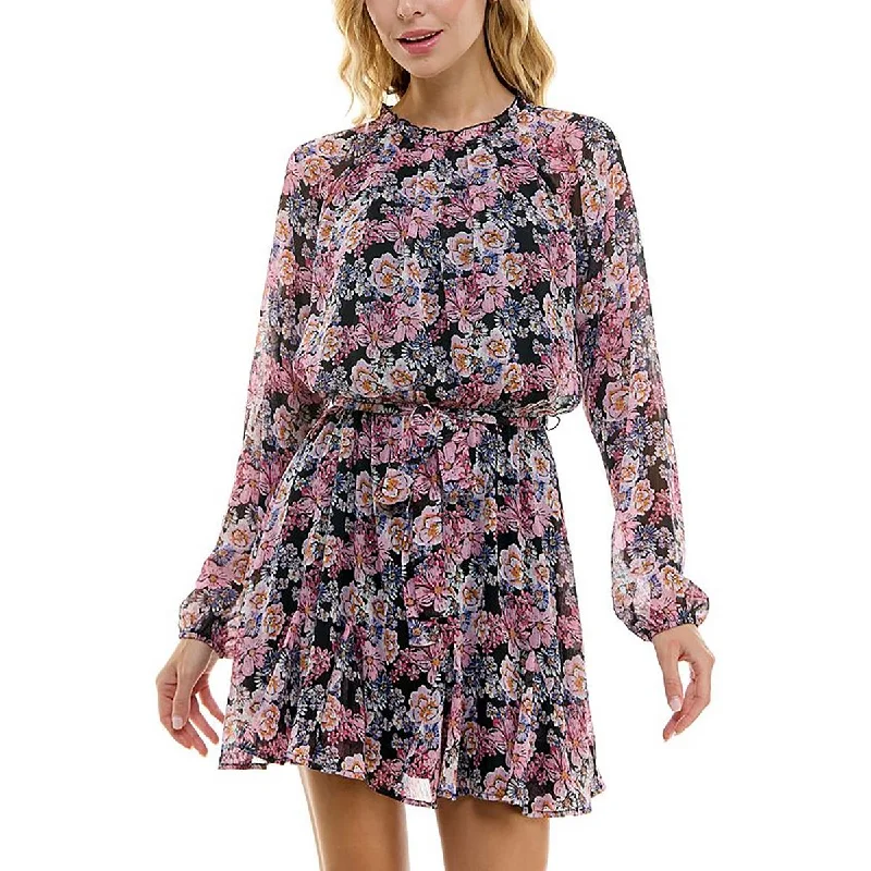 Party Dresses for Celebration -Trixxi Womens Juniors Chiffon Floral Print Fit & Flare Dress