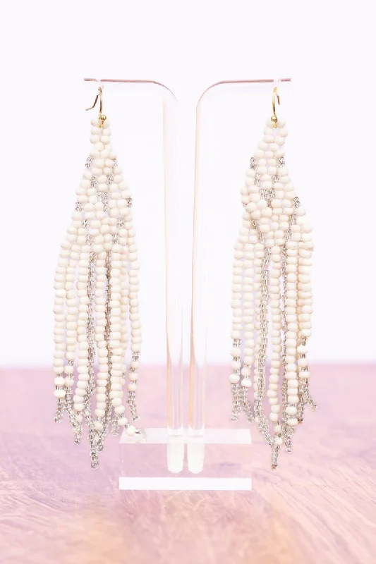 Drop Earrings for Formal Attire -SALE! Fabulous Fringe Ivory Seed Bead Fringe Earrings