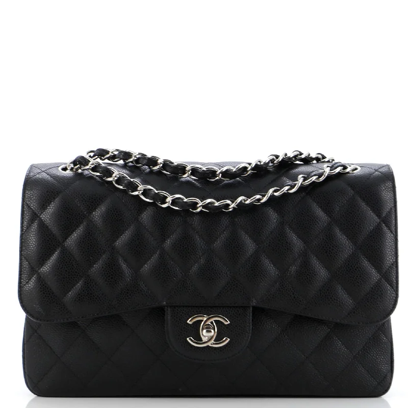 Handle bags with spacious pockets for travel -Classic Double Flap Bag Quilted Caviar Jumbo