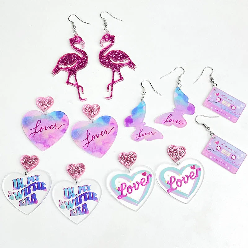 Retro Drop Earrings for Nostalgia -Wholesale 2 Pairs/pack Valentine's Day LOVE Glitter Butterfly Love Tape Acrylic Earrings