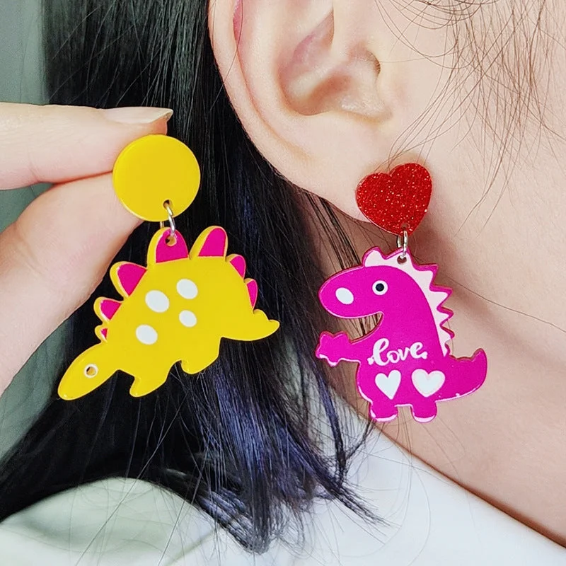 Drop Earrings with Keyhole Designs -Wholesale Dinosaur Love Acrylic Earrings