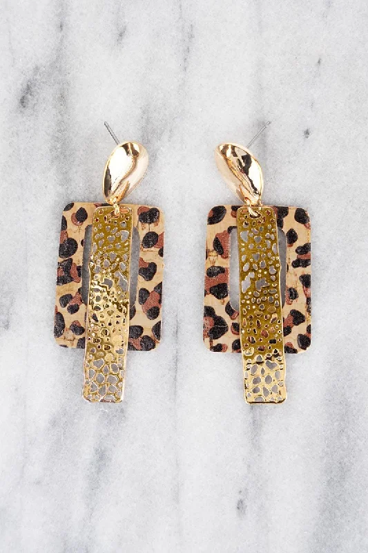 Drop Earrings for Travel Look -SALE! Harper Goldtone and Leopard Cork Layered Filigree Earrings