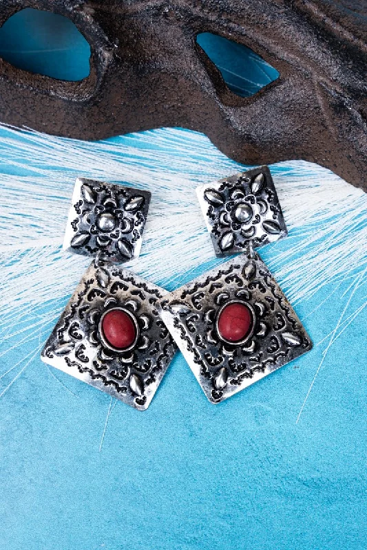 Lead Free Drop Earrings for Health -SALE! Maverick Red Silvertone Earrings