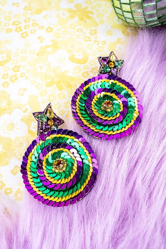 Ethnic Drop Earrings with Tribal Design -Viola Mardi Gras Sequin Circle Earrings