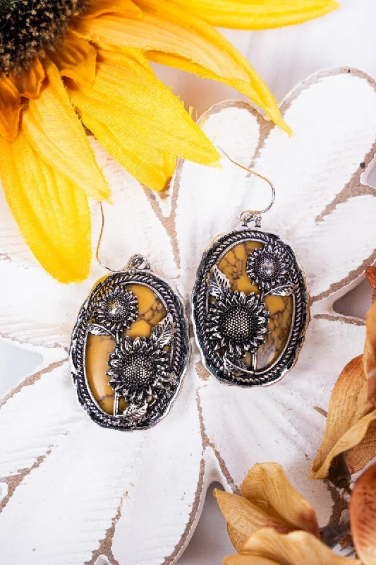 Magnetic Closure Drop Earrings for Easy -Yellow Becka Sunflower Silvertone Earrings