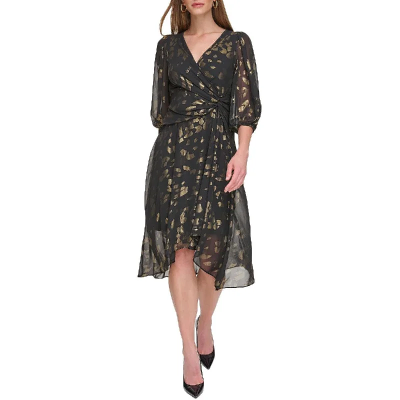 Lace Dresses for Delicate -DKNY Womens Petites Metallic Knee Length Wrap Dress