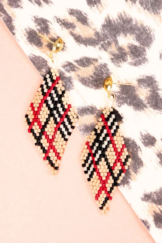 Drop Earrings for Engagement Party -SALE! Beige and Red Lara Plaid Seed Bead Diamond Earrings