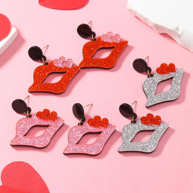 Drop Earrings with Etched Designs -Wholesale Colorful Shiny Love Lip Acrylic Earrings