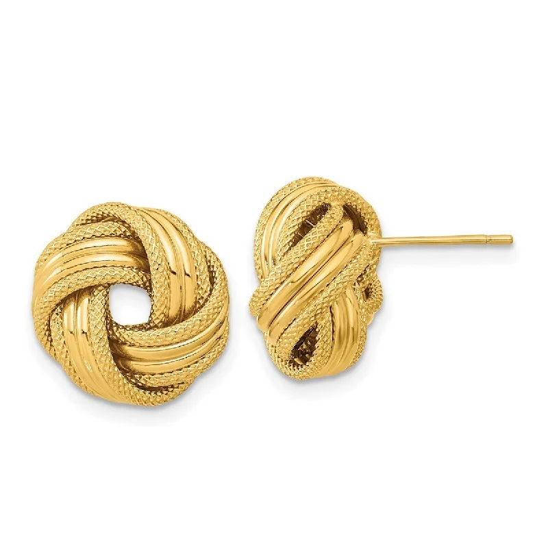 Hoop earrings with a matte black finish for a sleek, edgy vibe-Curata 14k Yellow Gold 14.5m Textured Love Knot Post Earrings