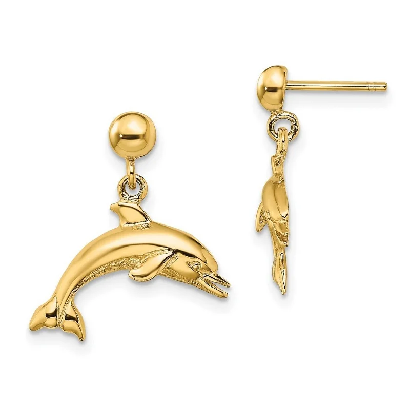 Hoop earrings with textured gold for a refined and sophisticated aesthetic-Curata 14k Yellow Gold Jumping Dolphin Long Drop Dangle Earrings - 17.8x7.4mm