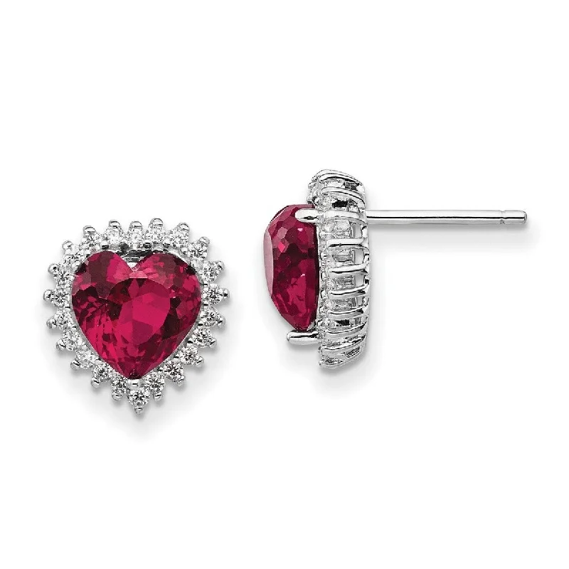 Hoop earrings with braided patterns for a detailed and textured finish-Curata 925 Sterling Silver Faceted Love Heart 100 facet Synthetic Ruby CZ Cubic Zirconia Simulated Diamond Post Earrings