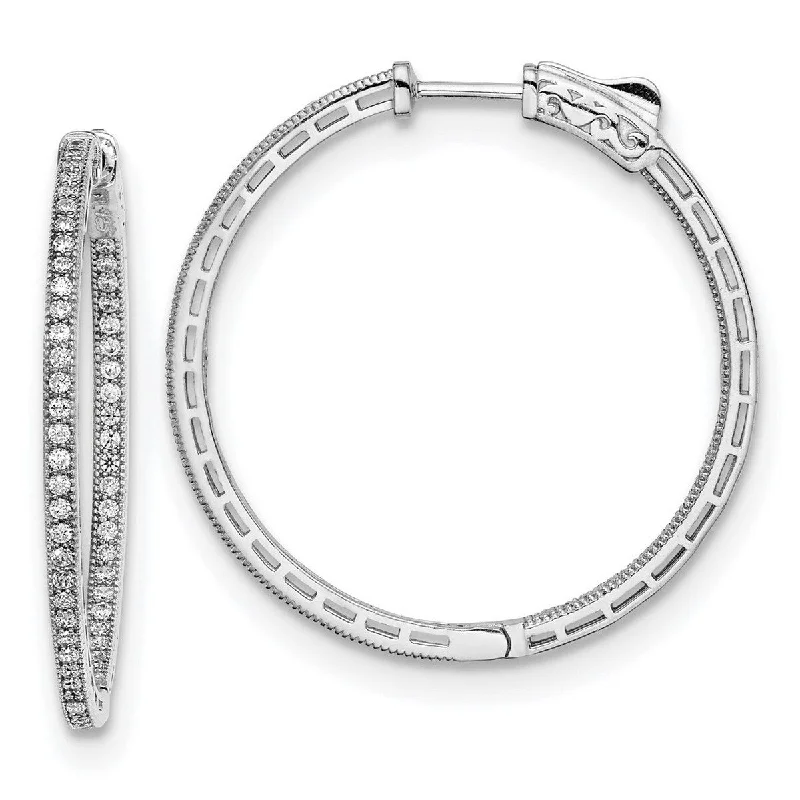 Hoop earrings with faceted crystals for added sparkle and shine-Curata 925 Sterling Silver Polished Hinged hoop Safety clasp Rhodium Plated CZ Cubic Zirconia Simulated Diamond In and Out Hoop