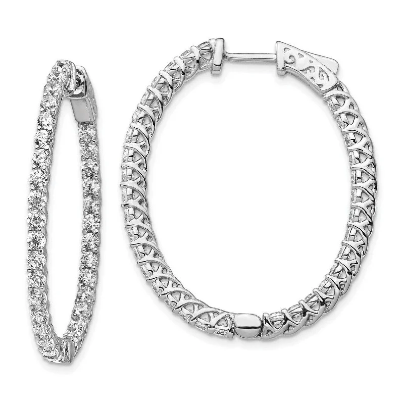 Best hoop earrings with snake chain details for a sleek and modern touch-Curata 925 Sterling Silver Polished Prong set Hinged hoop Safety clasp CZ Cubic Zirconia Simulated Diamond Oval Hoop Earrings