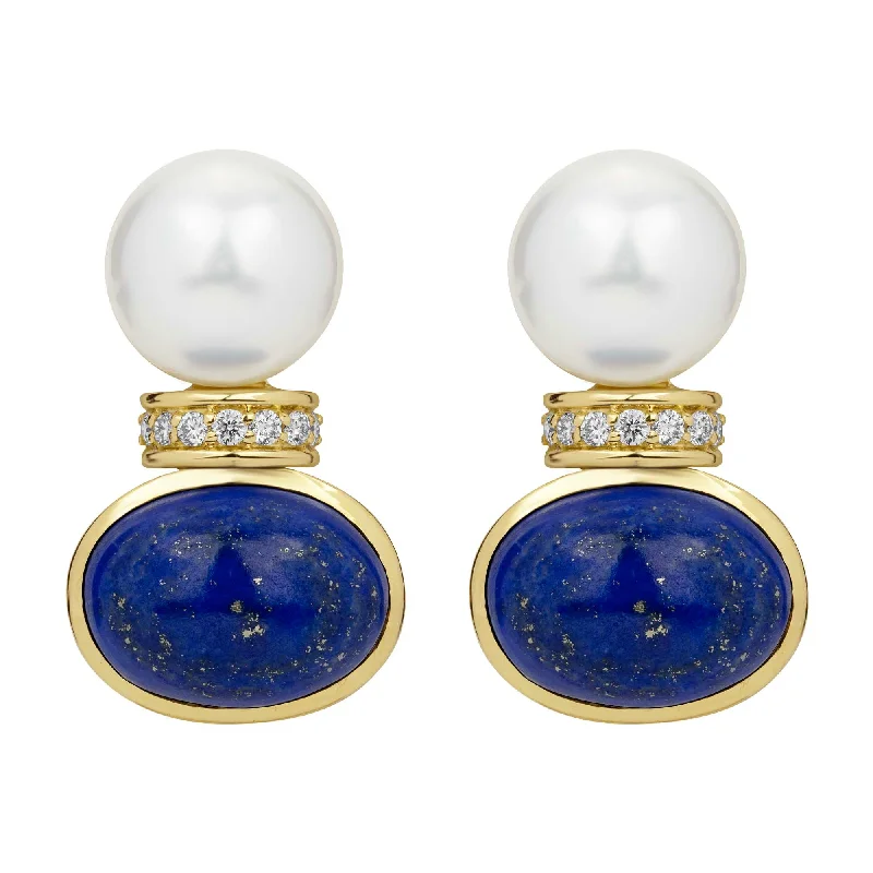 Hoop earrings with polished silver finish for a shiny, modern appeal-Earrings - South Sea Pearl, Lapis Lazuli And Diamond