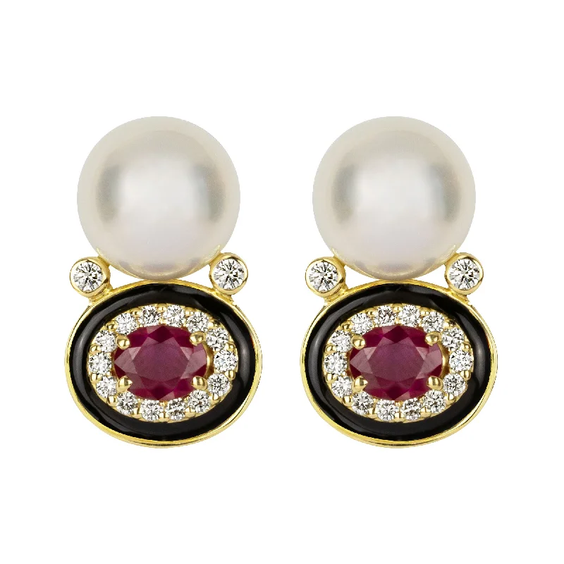 Hoop earrings with a matte black finish for a sleek, edgy vibe-Earrings - South Sea Pearl, Ruby And Diamond (Enamel)