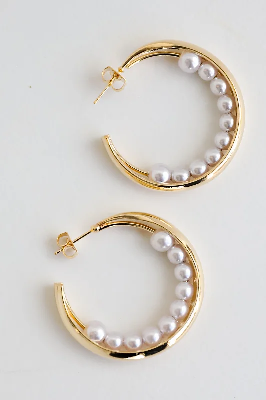 Hoop earrings with open designs for a modern, lighthearted vibe-FINAL SALE - Elle Gold Pearl Double Hoop Earrings