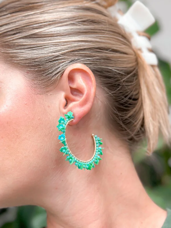 Best hoop earrings with snake-inspired designs for an edgy and fierce vibe-Flower Fringe Hoop Earrings - Green