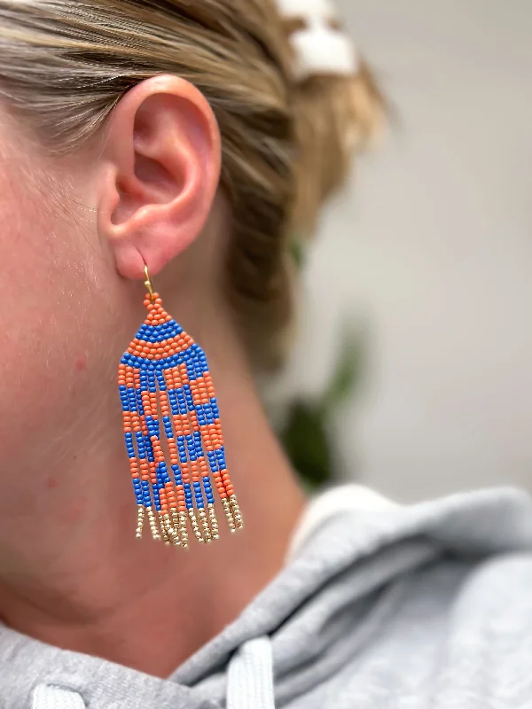 Classic hoop earrings with a thin profile for a sleek and subtle style-Game Day Seed Bead Fringe Dangle Earrings - Orange & Blue